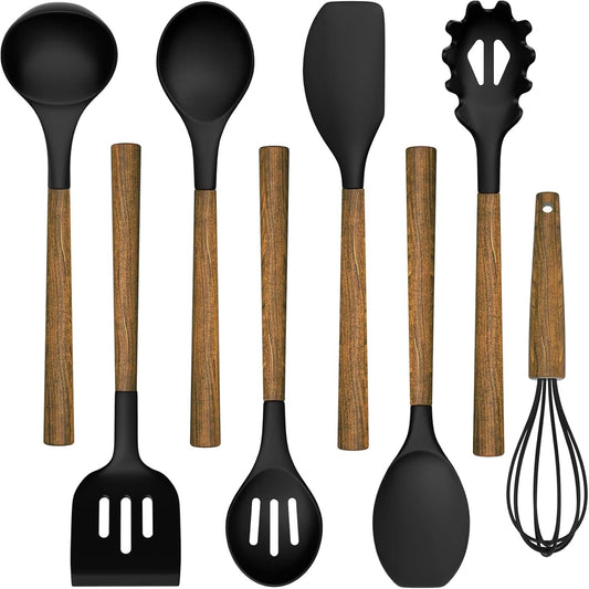 Silicone Cooking Utensils Kitchen Utensil Set - Umite Chef 9 PCS 446°F Heat Resistant Kitchen Gadgets Tools Set with Wooden Handles for Nonstick Cookware (BPA Free, Black)