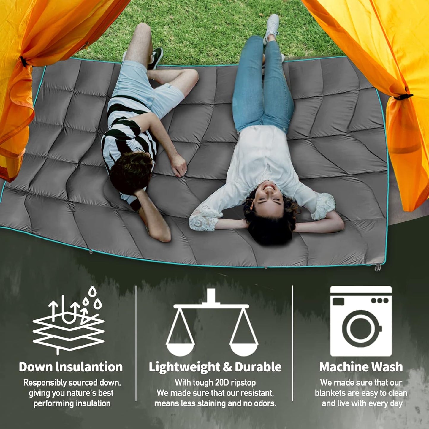 Outdoor Puffy Camping Blanket, Lightweight Down Alternative Puffy Printed Camping Large Ultra Warm Hammock Top Quilt Waterproof Blanket for Traveling Picnic Beach Party Cold Weather (Green Mountain)