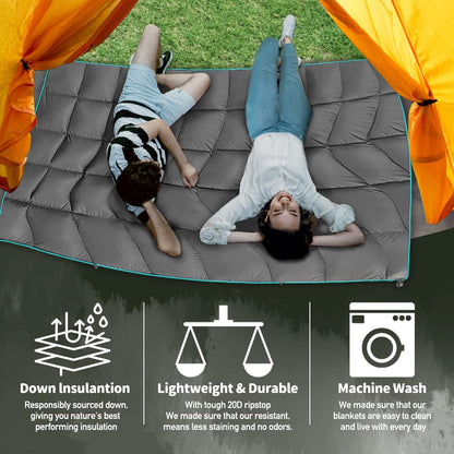 Outdoor Puffy Camping Blanket, Lightweight Down Alternative Puffy Printed Camping Large Ultra Warm Hammock Top Quilt Waterproof Blanket for Traveling Picnic Beach Party Cold Weather (Green Mountain)