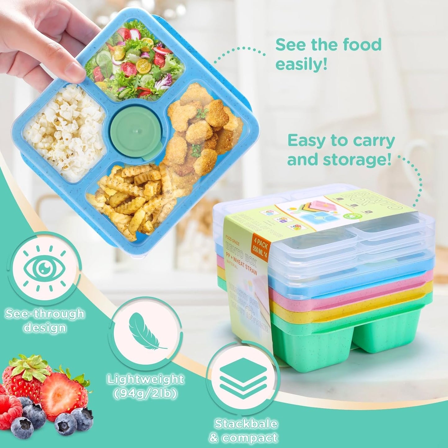 QQKO Bento Snack Box for Adults Kids, Lunchable Meal Prep Container Reusable, 4 Pack Divided Food Storage With Lids, Stackable Lunch Box With Sauce Cups, Pastel