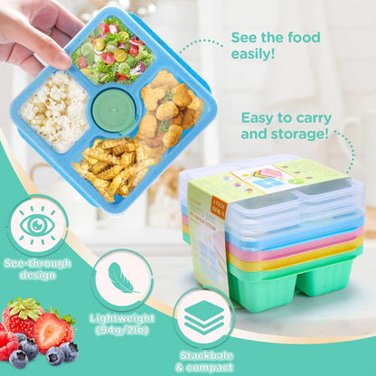 QQKO Bento Snack Box for Adults Kids, Lunchable Meal Prep Container Reusable, 4 Pack Divided Food Storage With Lids, Stackable Lunch Box With Sauce Cups, Pastel