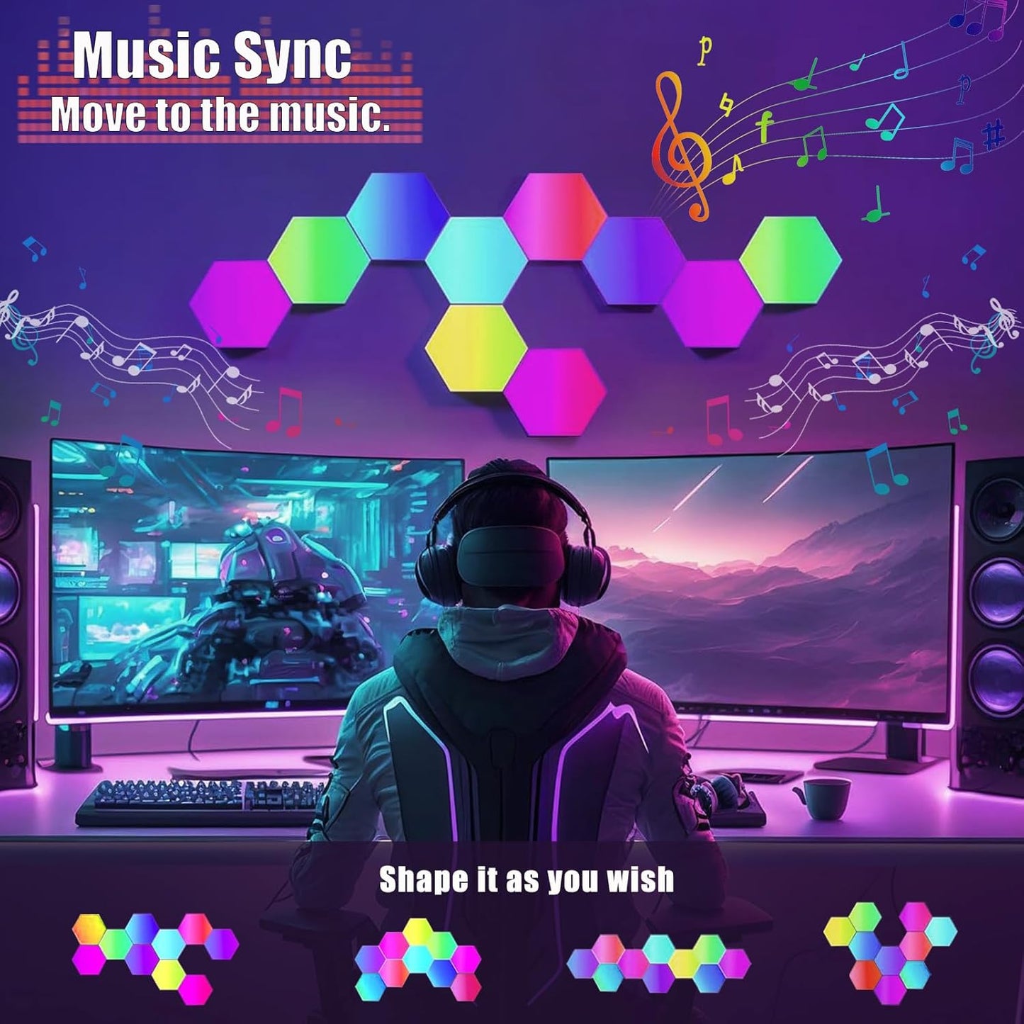 Hexagon Gaming Wall Light 10 Pieces Hexagon RGB Panel - Hexagon Honeycomb Wall Light Music Sync Decoration Hexa Wall Lighting Smart Hexagonal Gamer Room Decoration Modular Lamp