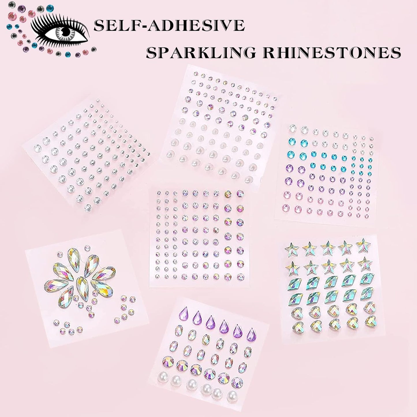406 Pieces Glitter Gems Stickers for Face 7 Sheets Glitter Make Up Stickers for Gems, Body Eyes Rhinestones Stickers Stickers for Face Gems Festival Accessories Nail Art Decorations