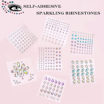 406 Pieces Glitter Gems Stickers for Face 7 Sheets Glitter Make Up Stickers for Gems, Body Eyes Rhinestones Stickers Stickers for Face Gems Festival Accessories Nail Art Decorations
