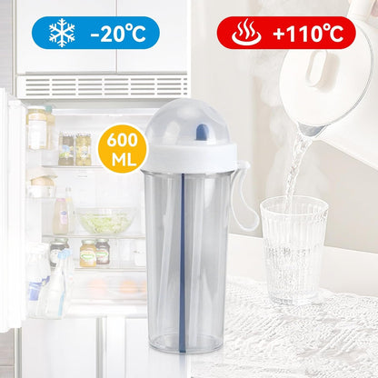 600ml Dual Use Water Bottle, Portable Split Drinking Cup with Straw Two Sided Cup with Divider Daily Water Intake Bottle Double Espresso Cups for Home Outdoor Camping Sport