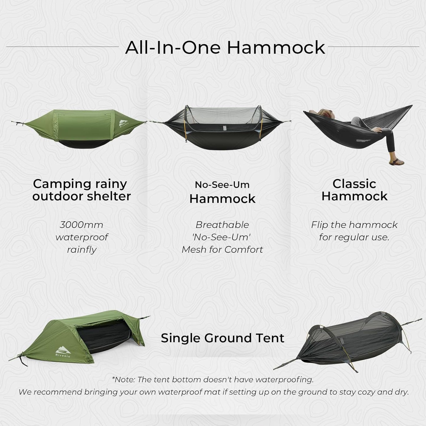 Rivenlo Camping Hammock Tent with Mosquito Net & RainFly, 3 in 1 Waterproof Lightweight Portable Sleeping Hammock Bug Backpacker Travel Outdoor Gear with Tree Strap Swing, for Hiking Patio Expedition