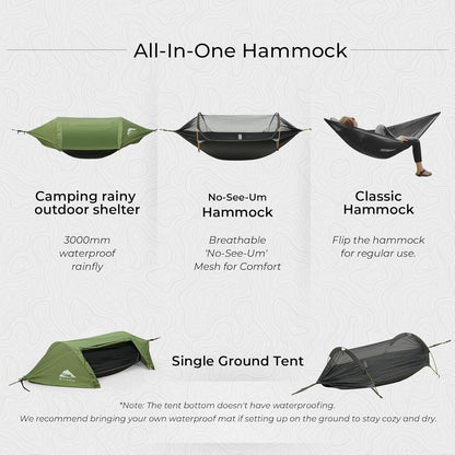 Rivenlo Camping Hammock Tent with Mosquito Net & RainFly, 3 in 1 Waterproof Lightweight Portable Sleeping Hammock Bug Backpacker Travel Outdoor Gear with Tree Strap Swing, for Hiking Patio Expedition