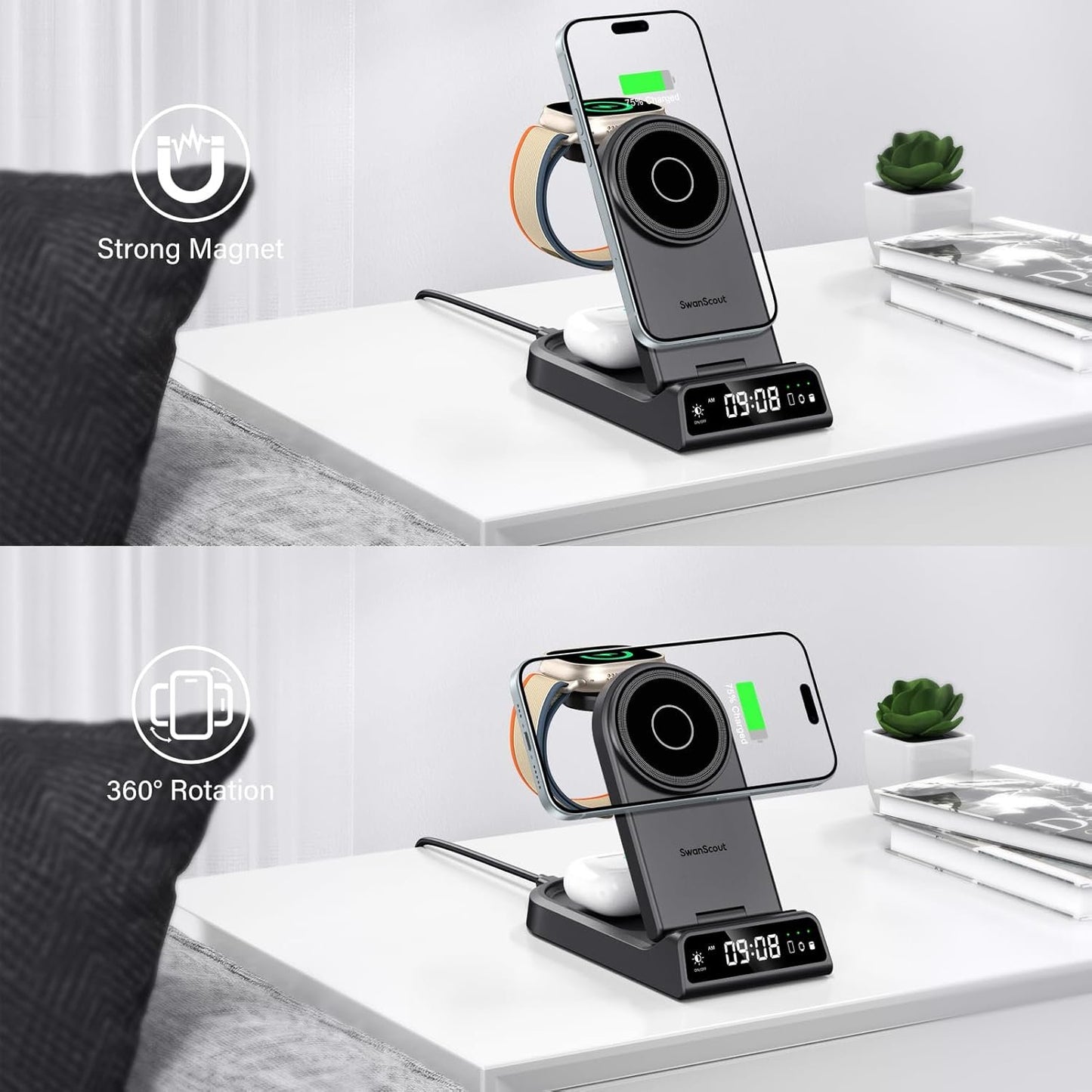 SwanScout Magnetic Wireless Charger, 4 in 1 Mag-Safe Wireless Charging Staiton for iPhone 16/15/14/13/12 Series, Portable Foldable Charger Stand for Apple Watch 10/9/8/7/6/SE/5/4 (No Adapter)