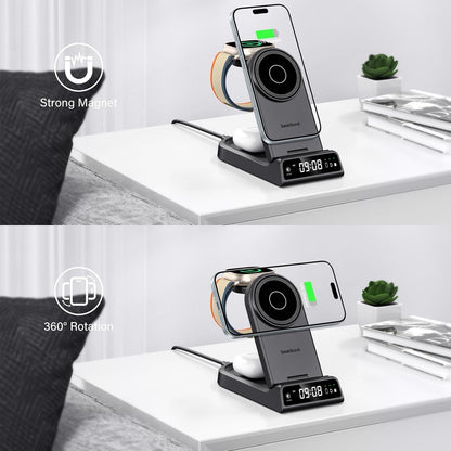 SwanScout Magnetic Wireless Charger, 4 in 1 Mag-Safe Wireless Charging Staiton for iPhone 16/15/14/13/12 Series, Portable Foldable Charger Stand for Apple Watch 10/9/8/7/6/SE/5/4 (No Adapter)