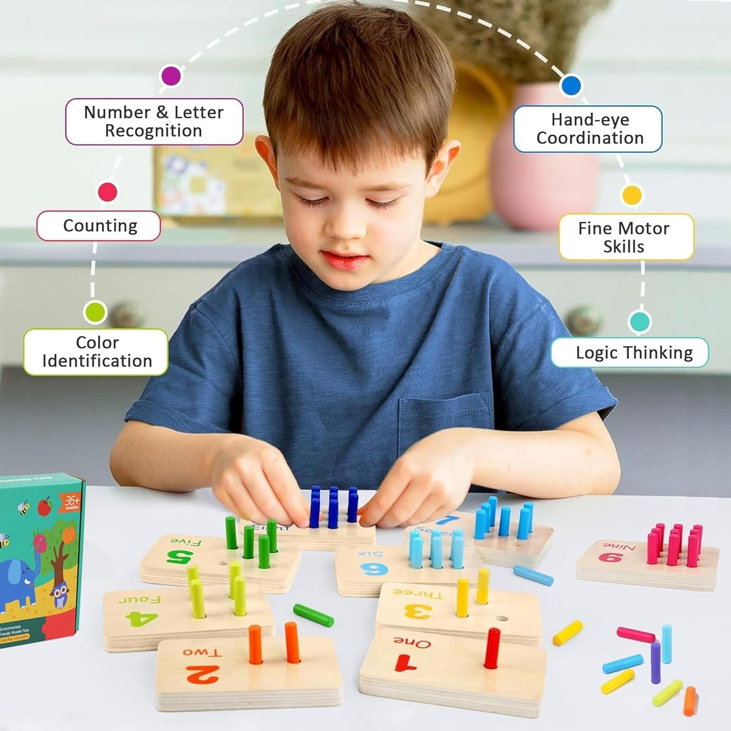 1Set Wooden Counting Peg Board Kindergarten Math Manipulatives Number Counting Toys for Toddlers Learning Materials Montessori Educational Toys for 3 4 5 Year Old Boys Girls Gifts