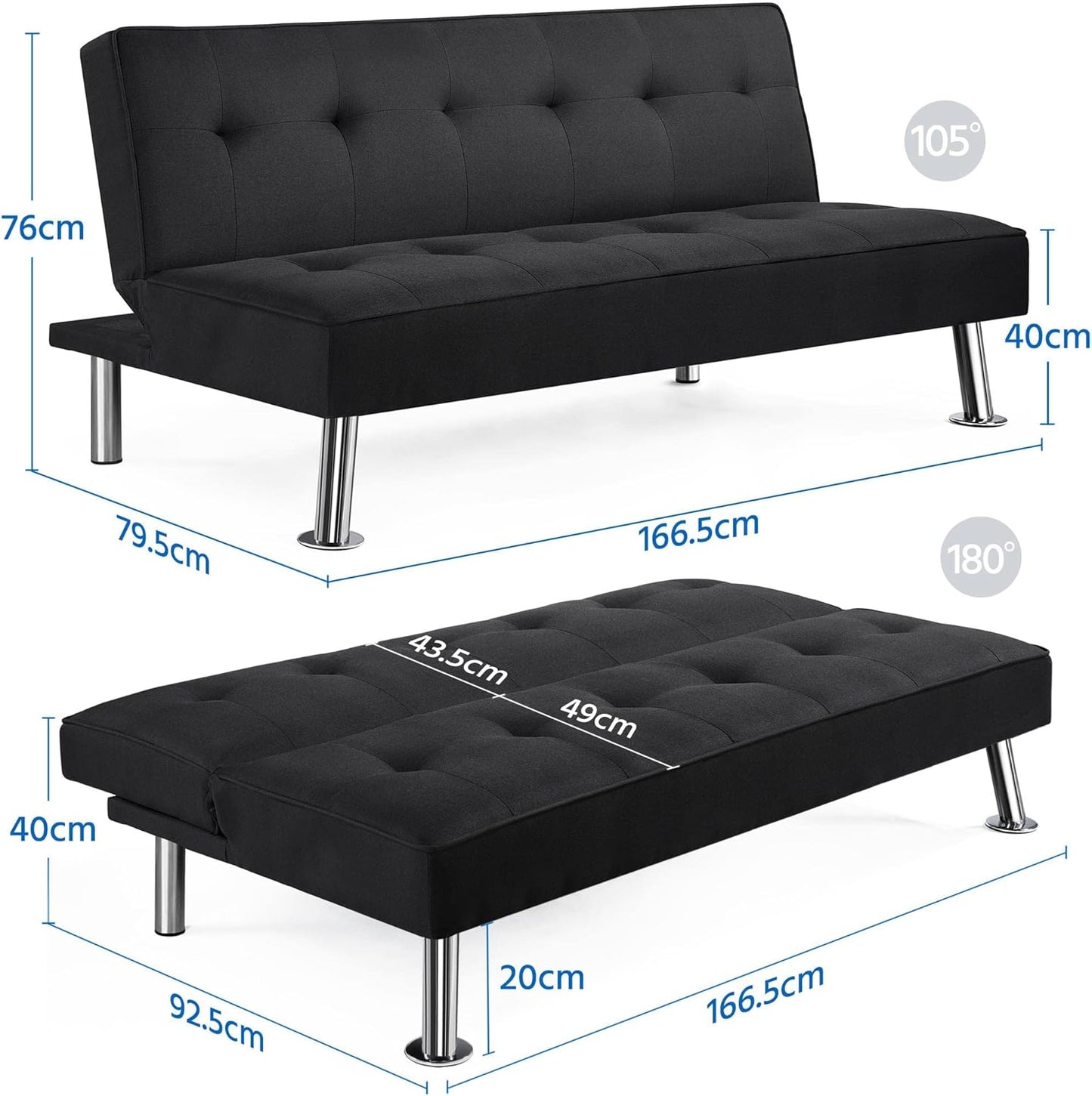 Yaheetech Sofa Bed Convertible Sofa Bed 3-Seater Padded Furniture Reclining Sofa with Metal Legs for Living Room Guest Bedroom Black/Fabric