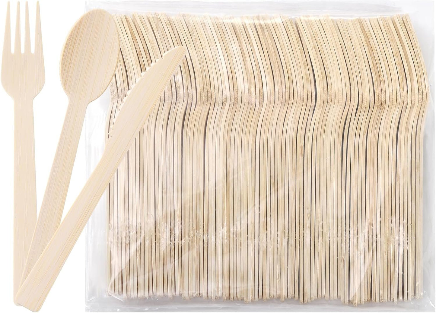 Hedume Set of 300 Natural Bamboo Utensils (100 Forks, 100 Spoons, 100 Knives) Disposable Bamboo Cutlery, Biodegradable and Compostable Bamboo Flatware for Wedding, Camping, Picnic, Party