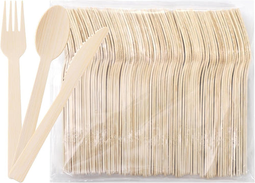 Hedume Set of 300 Natural Bamboo Utensils (100 Forks, 100 Spoons, 100 Knives) Disposable Bamboo Cutlery, Biodegradable and Compostable Bamboo Flatware for Wedding, Camping, Picnic, Party