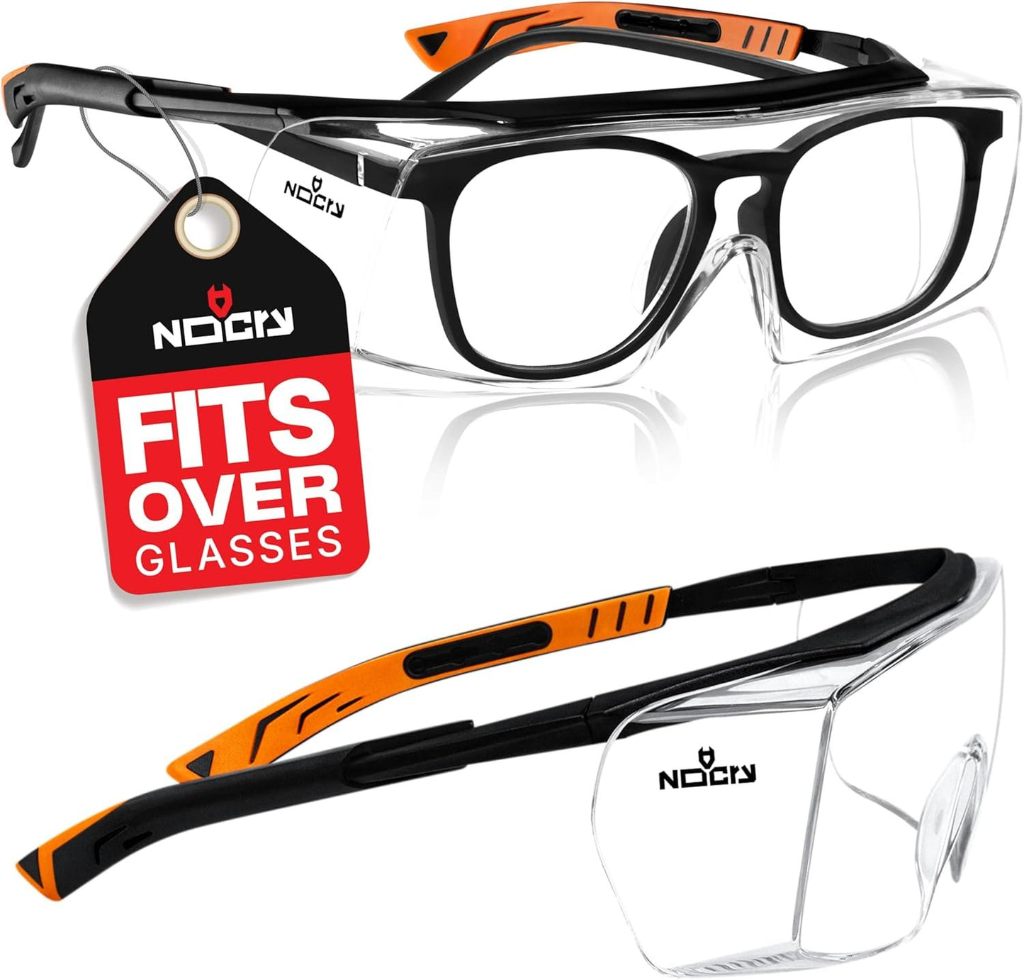NoCry Safety Glasses That Fit Over Your Prescription Eyewear. Clear Anti-Scratch Wraparound Lenses, UV400 Protection, ANSI Z87 & OSHA Certified. Use in the Lab, Travelling, Black & Orange Frames