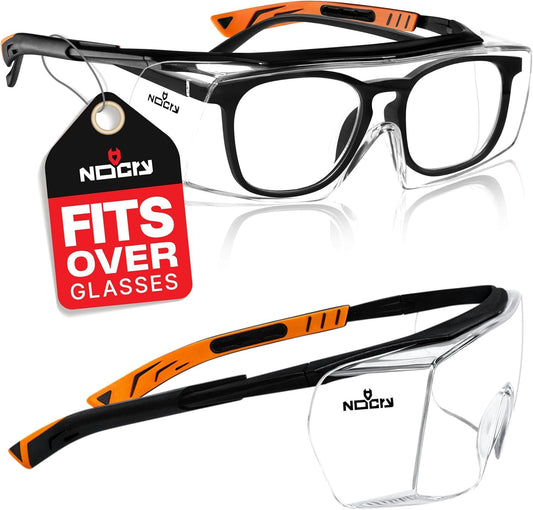 NoCry Safety Glasses That Fit Over Your Prescription Eyewear. Clear Anti-Scratch Wraparound Lenses, UV400 Protection, ANSI Z87 & OSHA Certified. Use in the Lab, Travelling, Black & Orange Frames