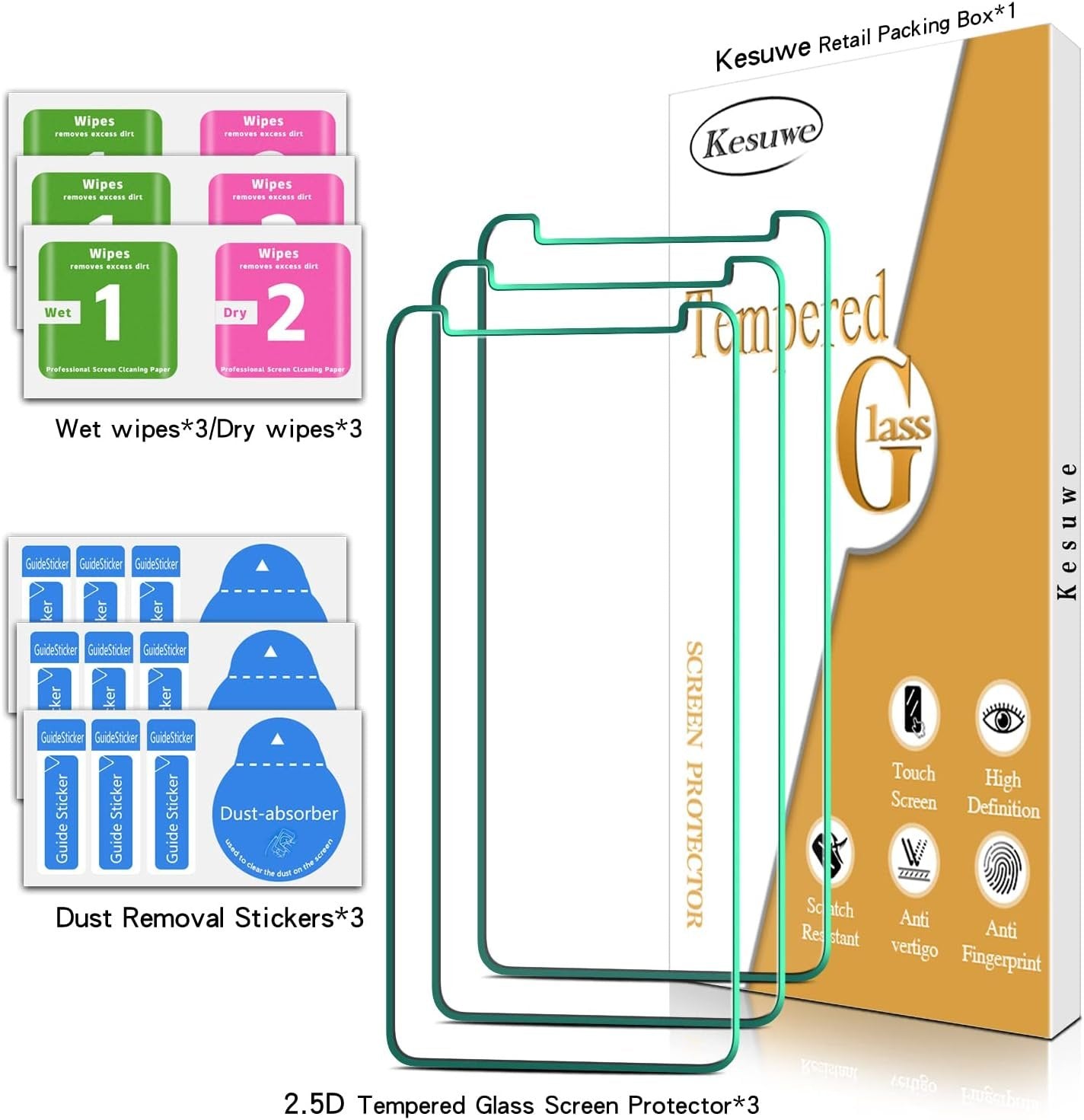 [3-Pack] Kesuwe Screen Protector For Samsung Galaxy A8 2018, A530 Tempered Glass, 9H Hardness, Anti-Scratch, Case Friendly, Easy to Install