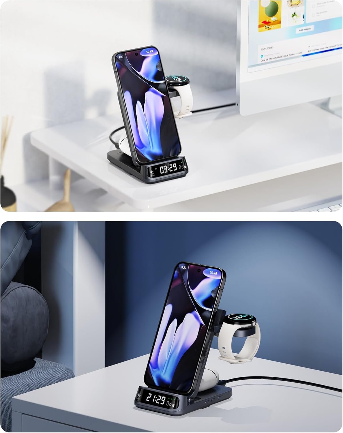 SwanScout 708G2 Wireless Charger for Pixel Watch 3/2/Fitbit Versa 4/3/Sense 2 (Not for Pixel Watch 1), 3 in 1 Charging Station for Pixel 9 Pro Fold/9 Pro/9/8 Pro/8A/7/6/5/4 (No Adapter)