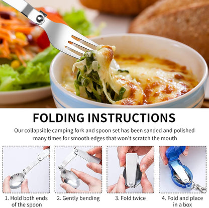 Hoxfly 2-Piece Foldable Stainless Steel Spoon and Fork Set, Includes 2 Cases, Portable Camping Cutlery for Outdoors Picnic Thermos Travel