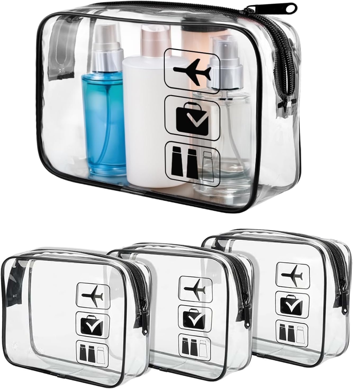 4 Pack TSA Approved Toiletry Liquids Bag, Clear Waterproof Toiletry Bags with Zipper and TSA Aviation Logo, Carry-on Travel Accessories | Quart Size | Cosmetic Pouch Makeup Travel Bag for Women Men