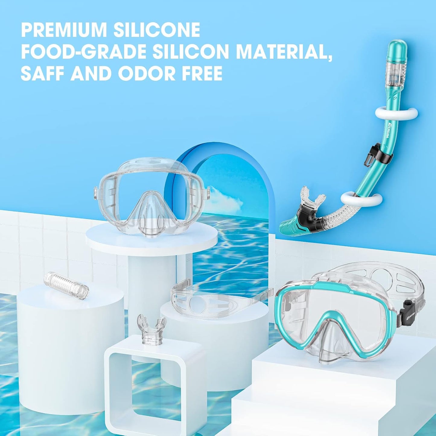 EMSINA Mask Fin Snorkel Set with Adult Snorkeling Gear, Panoramic View Diving Mask, Trek Fin, Dry Top Snorkel +Travel Bags, Snorkel for Lap Swimming