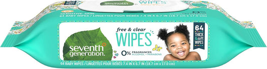 Seventh Generation Baby Wipes, Free & Clear Unscented and Sensitive, Gentle as Water with Flip Top Dispenser, 64 count