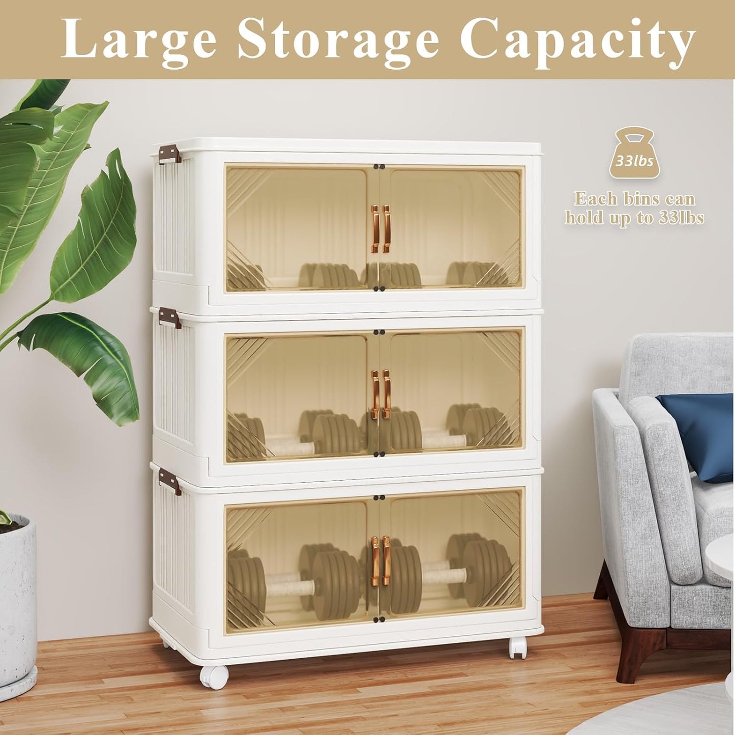 Storage Bins with Lids, 90 Gal/360 Qt Capacity, 3 Pack Large Stackable Storage Bins with Lids, White Collapsible Storage Bins with Wheels, Foldable, Customizable, for Home Office Organization