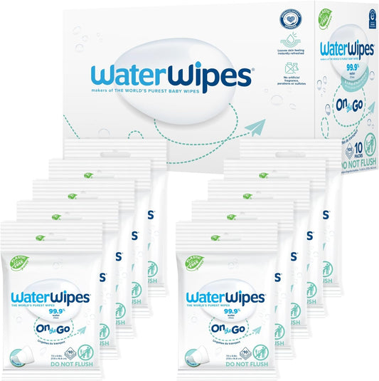 WaterWipes On The Go Wipes, 99.9% Water-Based Wipes for Travel, Sports, and to Refresh Skin, Unscented & Hypoallergenic, 100 Count (10 Packs)