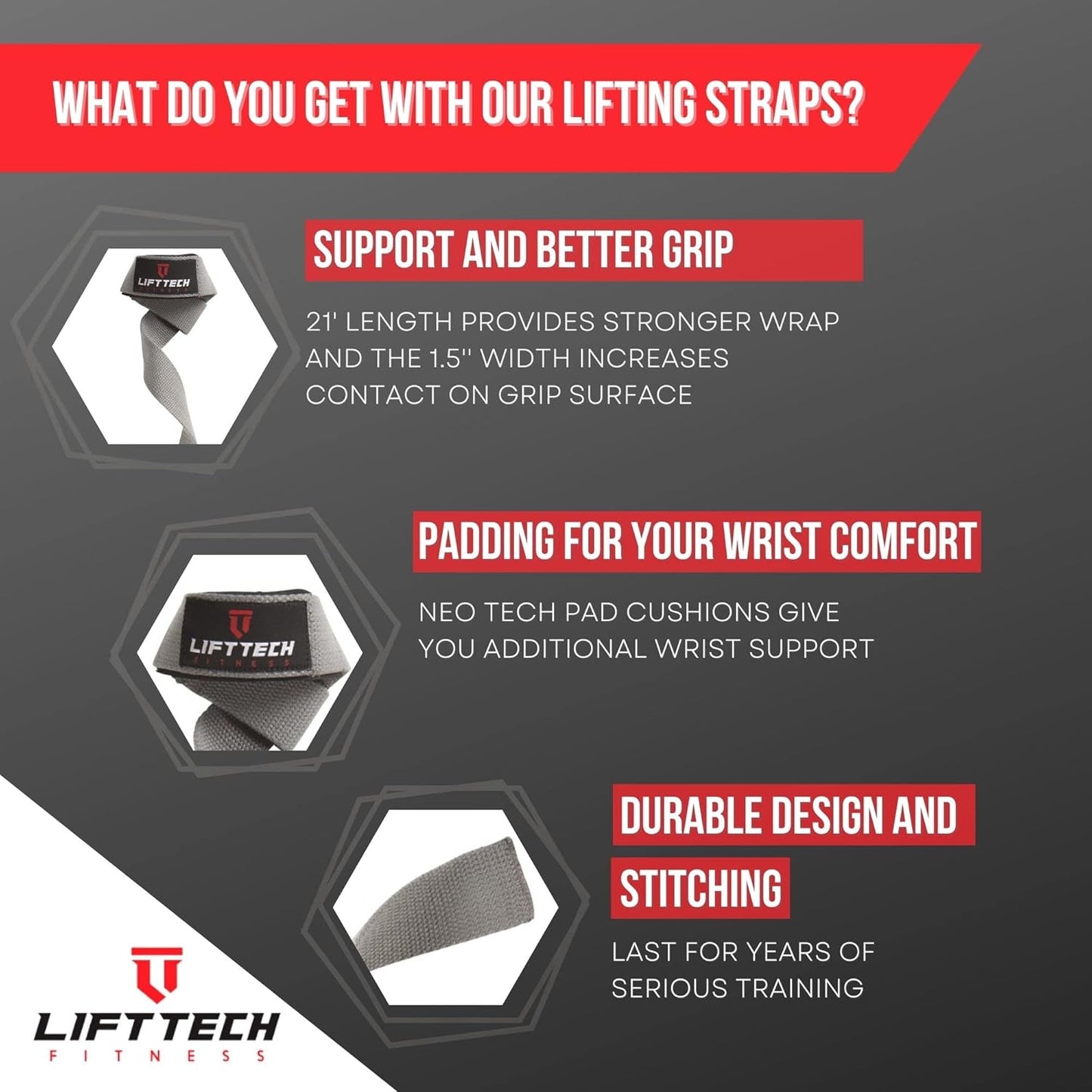 Lift Tech Fitness Padded Cotton Weight Lifting Straps - Gray