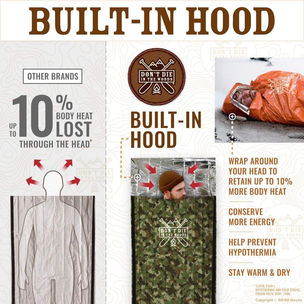 Emergency Sleeping Bag With Hood | Ultralight, Waterproof, Thermal Mylar Sleeping Bag Liner | Survival Bivy Space Blanket Bivey For Hiking, Backpacking, Earthquake, Camping, 72 Bug Out, Survival Kit