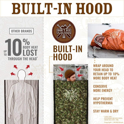 Emergency Sleeping Bag With Hood | Ultralight, Waterproof, Thermal Mylar Sleeping Bag Liner | Survival Bivy Space Blanket Bivey For Hiking, Backpacking, Earthquake, Camping, 72 Bug Out, Survival Kit