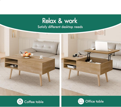 ALFORDSON Lift Tabletop Coffee Table Center Table Wood Color, Living Room Office Reception Dining Table with Rising Top, Hidden Storage and Side Open Shelves