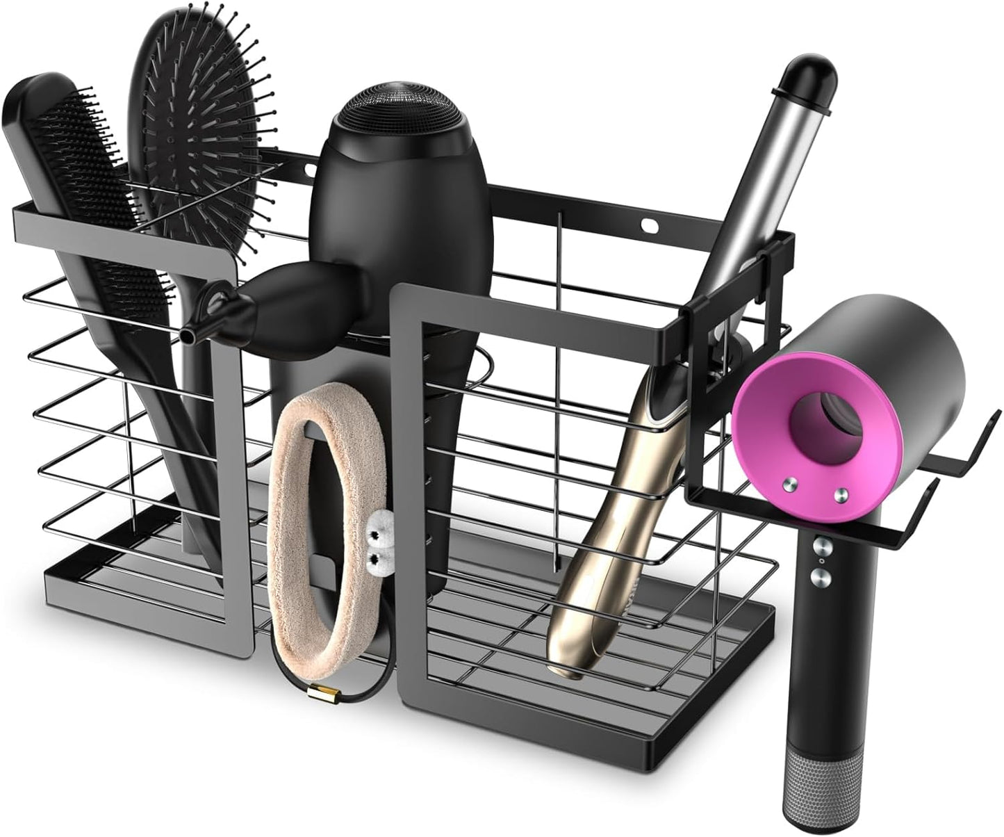 Hair Tool Organizer - Hair Dryer Holder, 3 in 1 Metal Bathroom Organizer Wall Mount for Flat Iron, Curling Iron, Straightener, Hair Care & Styling Tools Bathroom Storage and Organizer (Black)