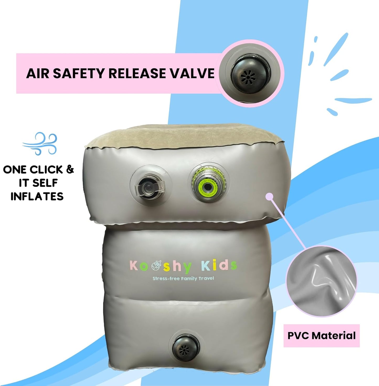 Kooshy Kids Self-Inflating Kooshion – World’s First Rechargeable Travel Cushion for Kids – Compact, Lightweight, Adjustable Comfort for Airplanes, Cars & Trains