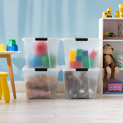 IRIS USA 51 L Plastic Storage Box with Lid and Latches - 6 Pack - BPA-Free, See-Through Organizing Solution, Durable Nestable Stackable Containers, Secure Pull Handle - Clear