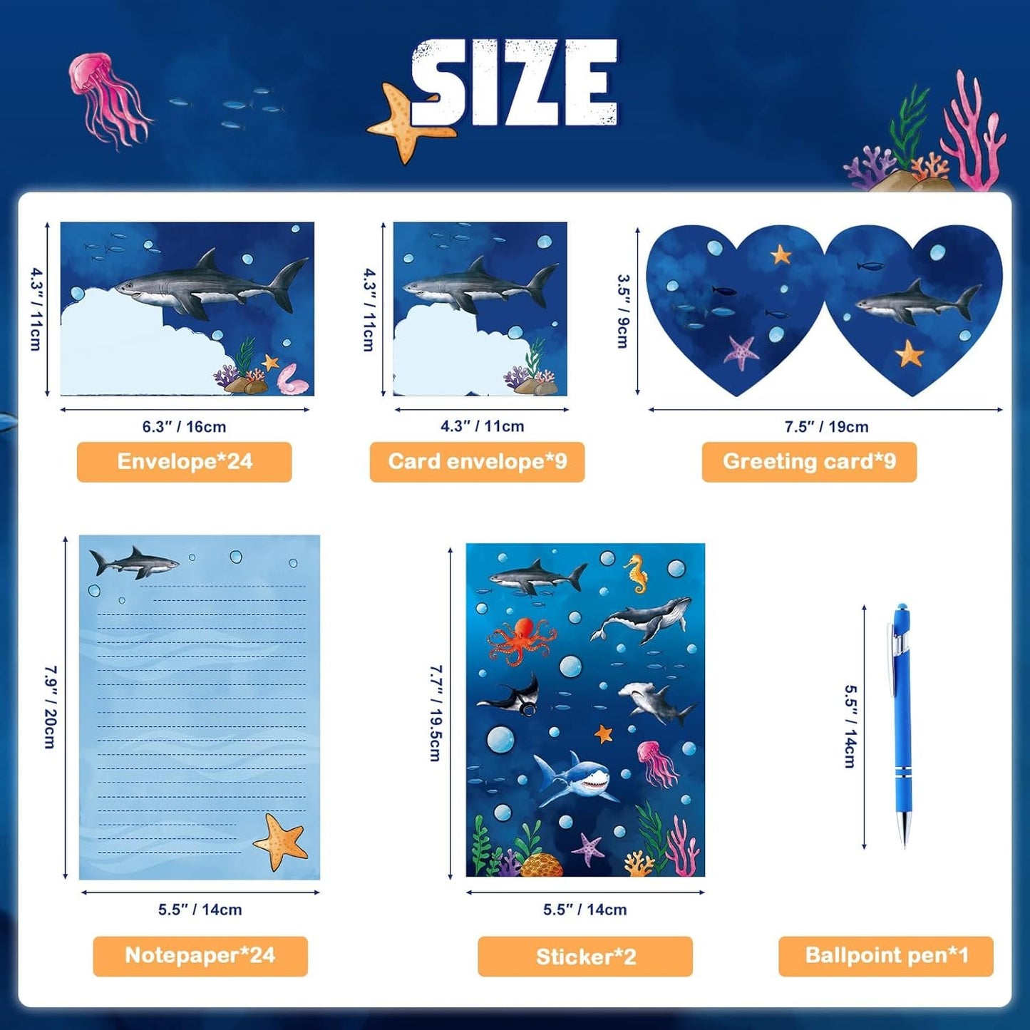 Kids Writing Paper and Envelopes - Shark Letter Writing Set for Kids Writing Paper Set Boys Stationery Set Teen Penpal Kit Ocean Paper Letter Writing Set with Envelopes and Writing Pen