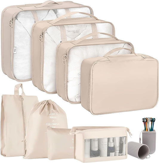 EHIOG Suitcase Organizer, 9 Pieces Space-Saving Suitcase Organizer, Packing Cubes Set Suitcase Organizer for Clothes, Cosmetics, Shoes, Underwear, Toiletries (Beige)