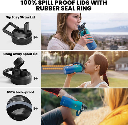 RAYMYLO Insulated Water Bottle 32 oz, Triple Wall Vacuum Stainless Steel (Cold for 48 Hrs), Leak Proof & Non-BPA, Modern Water Flask Jug with Paracord Handle & Straw Spout Lids, Cyan Blue