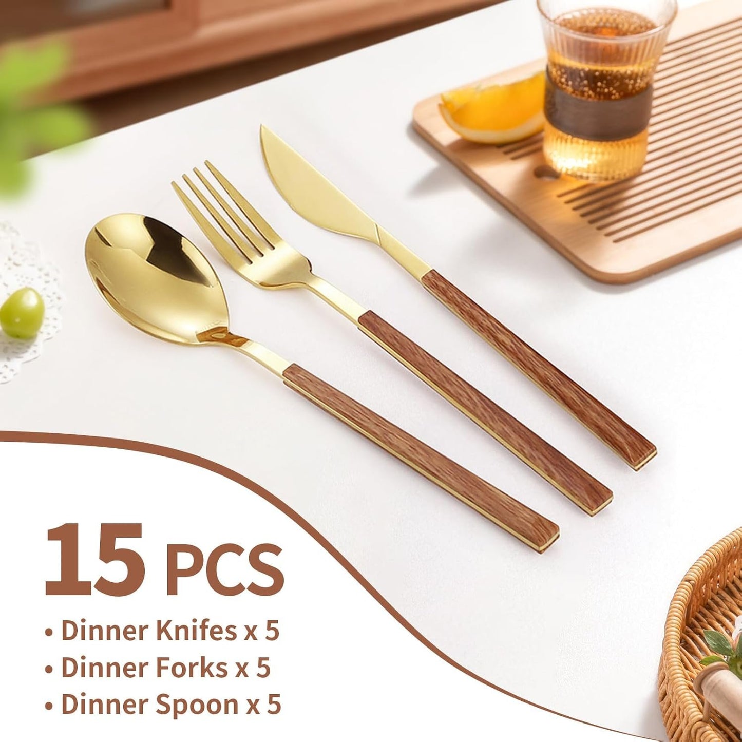 Cutlery Set, 15-Piece Stainless Steel Utensil Set, Flatware Set Service for 5 Use for Home & Restaurant with Gift Box, Gold