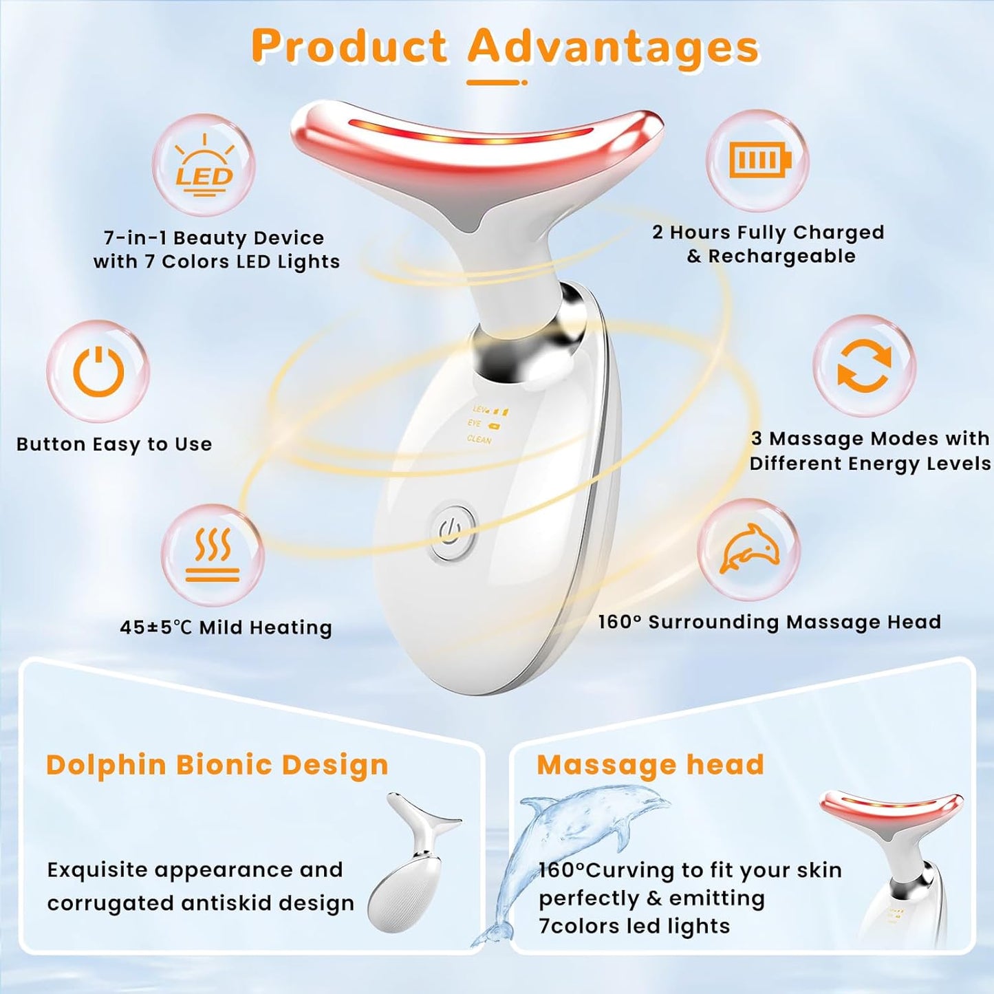 Facial Beauty Device, Face Massager Tool for Skin Care, Based on Triple Action LED, Thermal, and Vibration, Red and Blue LED Light, 7 Color Led Face and Neck Massager for Home Use (Glossy White)