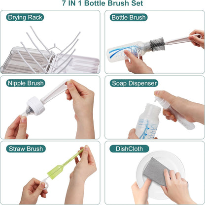 Baby Bottle Brush, 7 in 1 Travel Bottle Cleaner Kit with Soap Dispenser, Bottle Drying Rack, Dishcloths, Portable Essentials for Home and Travel-White