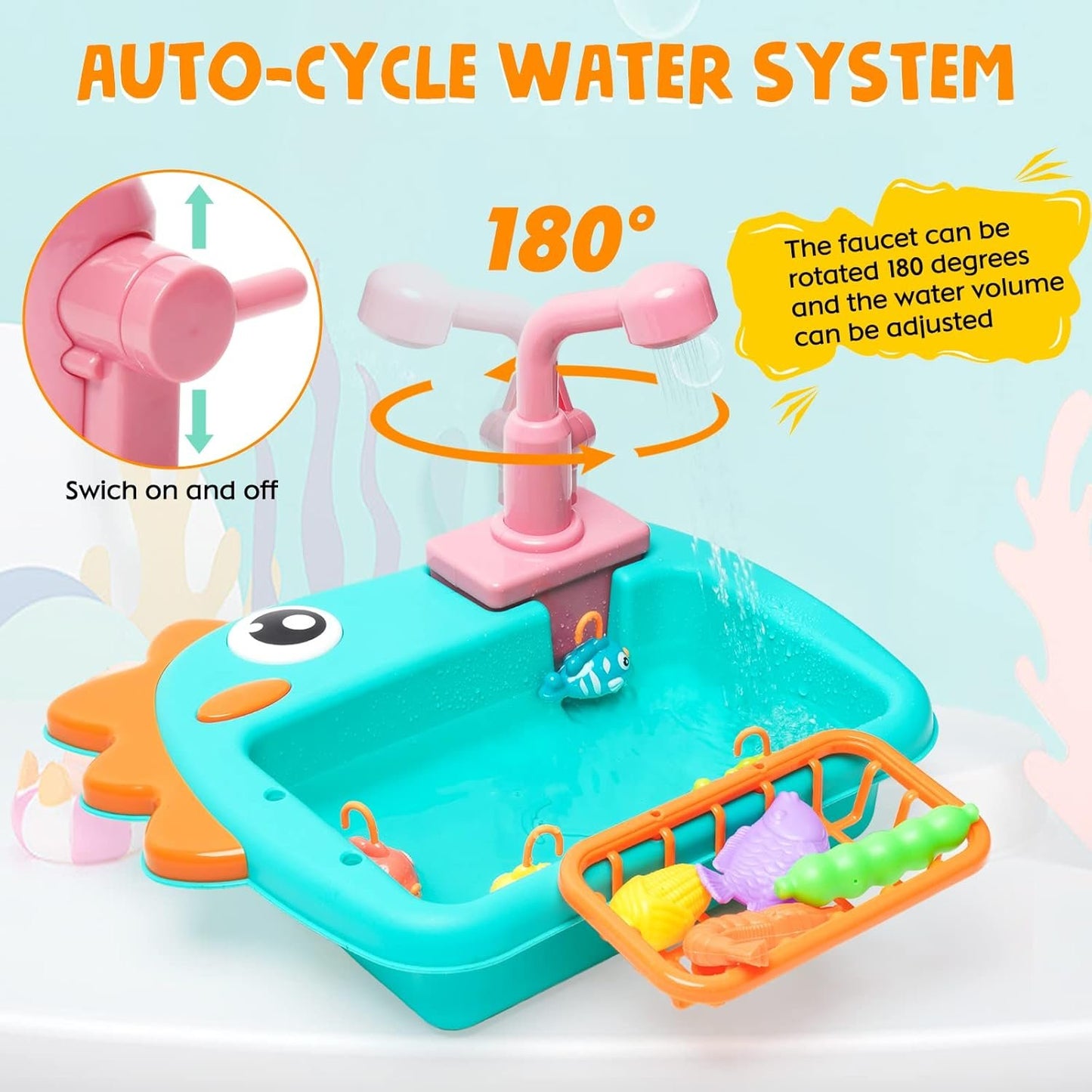 Kitchen Sink Toy with Running Water Dishwasher Play Kitchen Accessories with Automatic Water Circulation Tableware Accessories Vegetable Fruit Fishing Games Gift for Girls and Boys（Green）