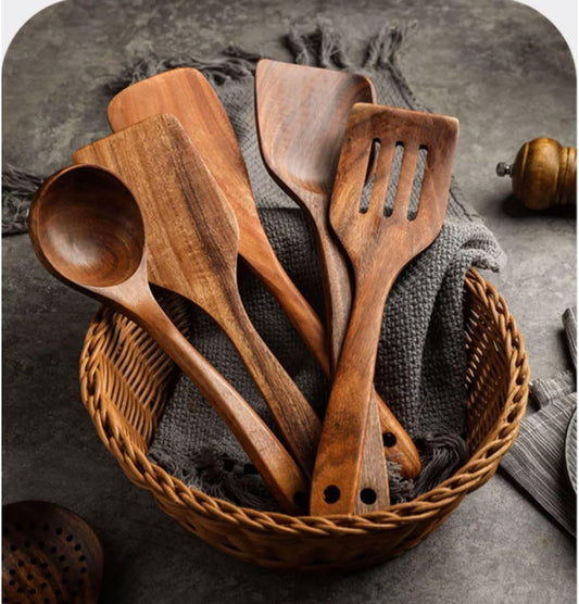 NSTVVEE Kitchen Utensils Wooden Kitchen Spoons Spatulas Gadgets Baking Tools Kitchen Pots Set of 5 Pieces