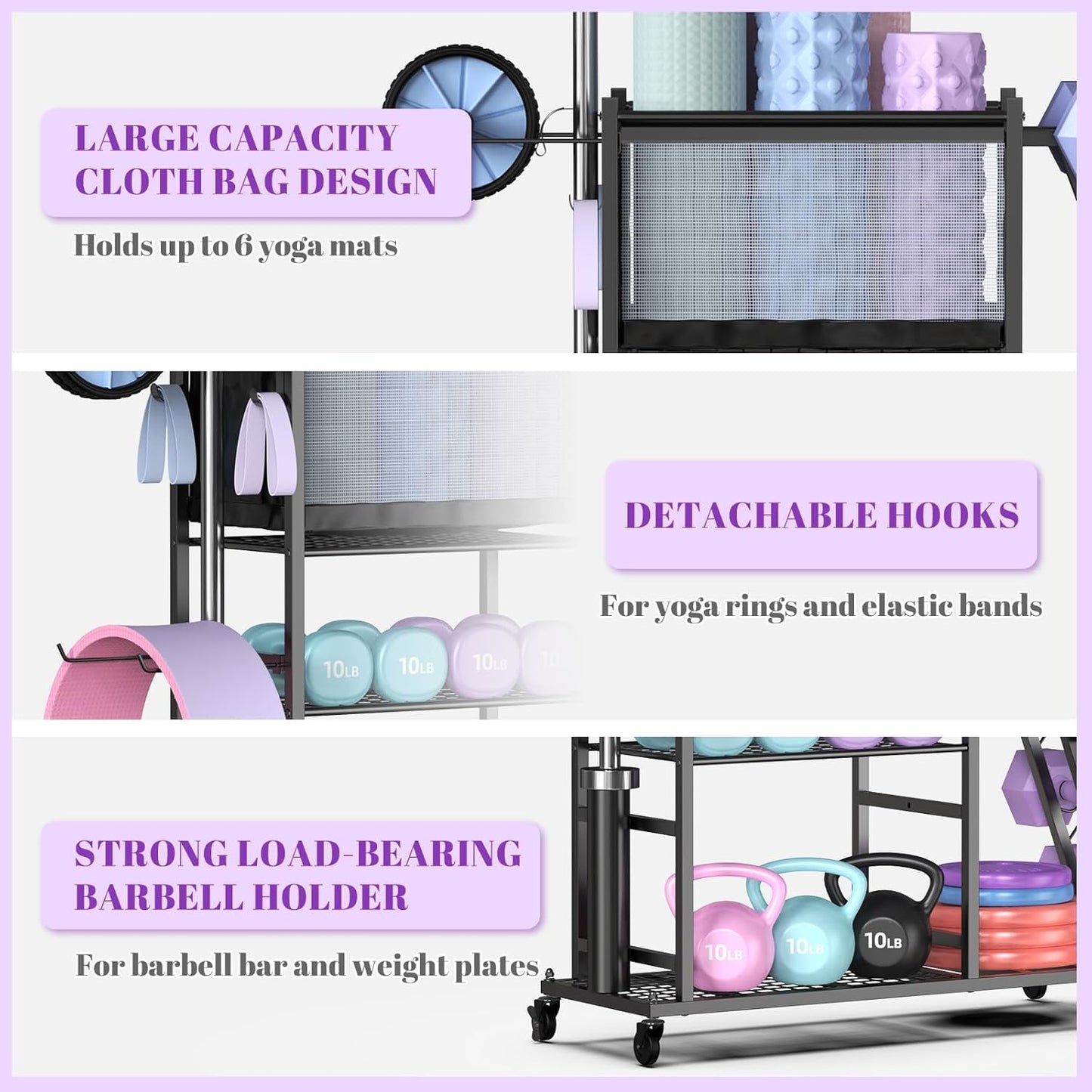 Mythinglogic Weight Rack for Dumbbells, Home Gym Storage for Yoga Mat Dumbbells Kettlebells and Strength Training Equipment, Dumbbell Rack with Wheels and Hanging Hooks