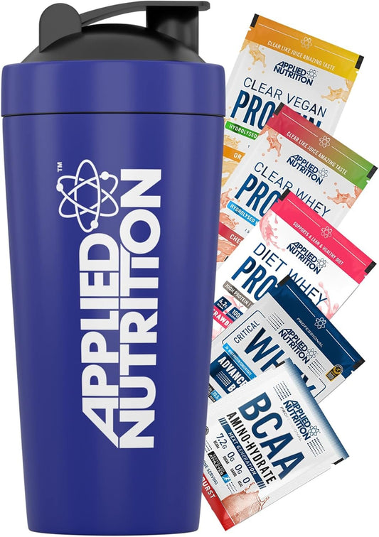 Applied Nutrition Bundle Metal Protein Shaker + 5 Samples Bundle - Sports Supplements Stainless Steel Shaker, Metal Shaker Bottle, Durable and Lightweight (750ml)