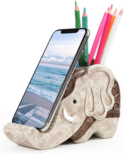 Mokani Elephant Pen Pencil Holder with Cell Phone Stand, Multifunctional Desk Organizer Desk Decor Elephant Gifts for Women Cute Desk Accessories Home Office Decoration Thanksgiving Christmas Gift