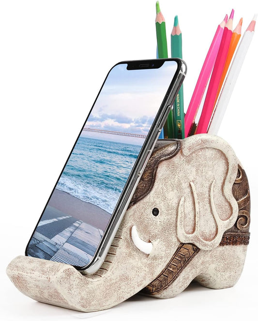 Mokani Elephant Pen Pencil Holder with Cell Phone Stand, Multifunctional Desk Organizer Desk Decor Elephant Gifts for Women Cute Desk Accessories Home Office Decoration Thanksgiving Christmas Gift