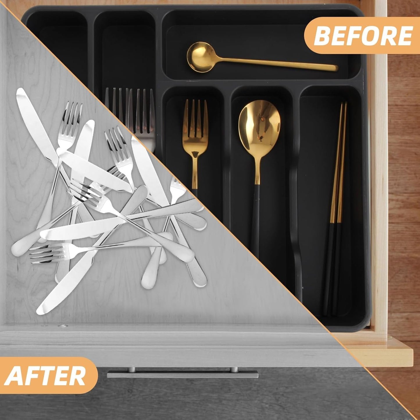 Silverware Organizer with Lid, Utensil Tray for Kitchen Drawer and Countertop, Plastic Cutlery and Flatware Storage Box for Spoons Forks Knives Holder Case, 6 Compartments, Black