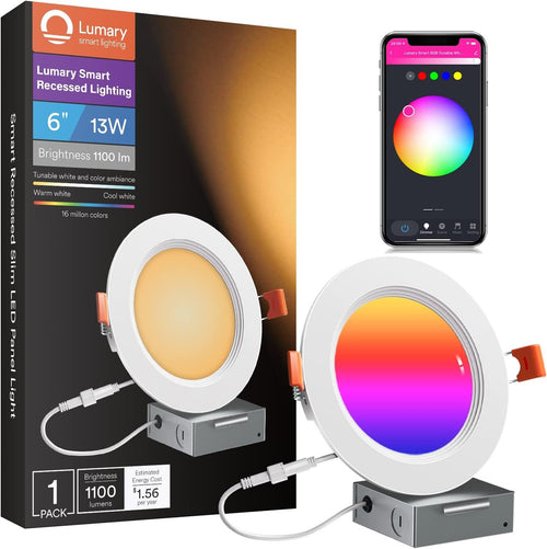 Lumary Smart LED Recessed Lighting 6 Inch 13W 1000LM Smart WiFi Recessed Lights Ultra-Thin and Anti-Glare Trim with Junction Box Compatible with Alexa/Google Assistant/Remote Controller 1PACK