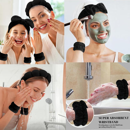 Cozy Manor Skincare Headband Spa Headband for Women Cute head band for washing face Soft Elastic Skin Care Headband and Wristband Set