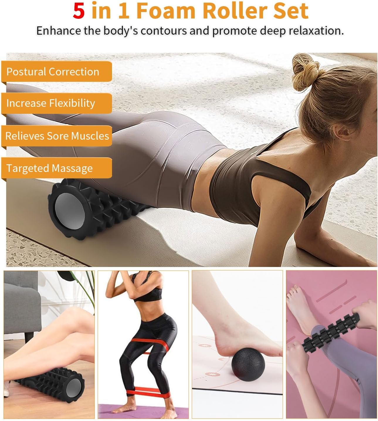 Zaxiva 5 in 1 Foam Roller Set, High Density Roller Pilates, Massage Roller, Muscle Massage Ball, Tensioner, Resistance Band for Massage, Fitness Exercises Pilates Equipment